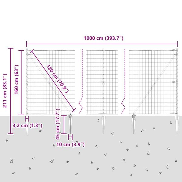 Euro-Zaun mit Stacheln 10 x 1,6 m PVC-beschichteter Stahl Grau