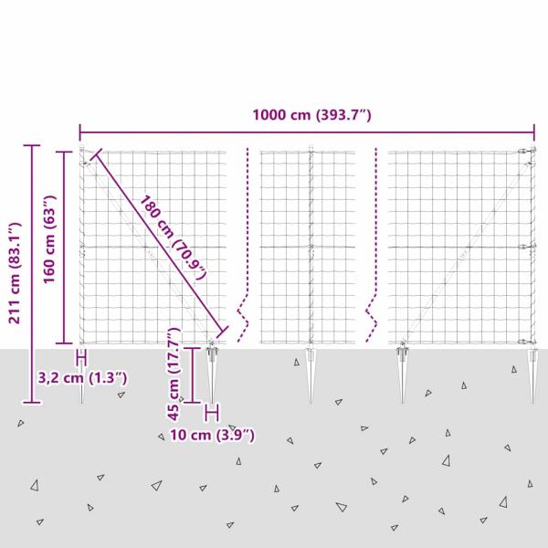 Eurozaun mit 7 Spike-Pfosten 1,6x10 m verzinkter Stahl Grau