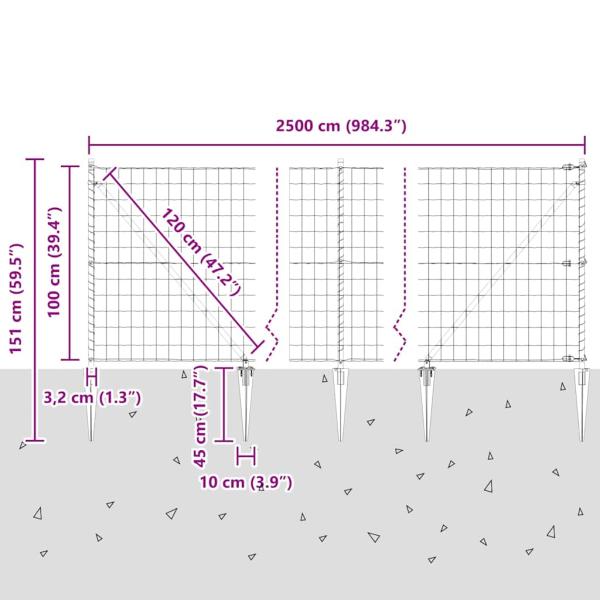 Euro Zaun mit 13 Spitzenpfosten 1x25 m Verzinkter Stahl Grau