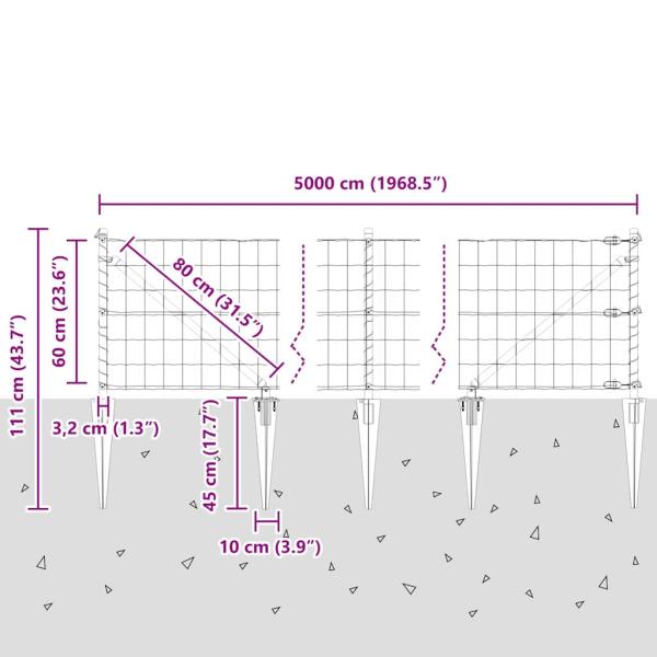 Euro Zaun mit 13 Spike-Posts 0.6x50 m verzinkter Stahl Grau