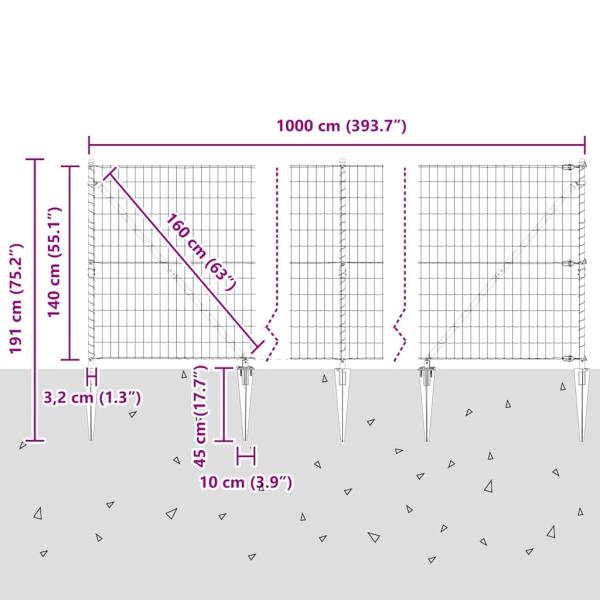 Euro Zaun mit 7 Spitzenpfosten 1,4x10 m Verzinkter Stahl