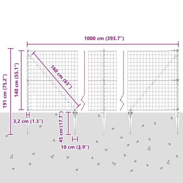 Euro Zaun mit 7 Spike-Posts 1.4x10 m Verzinkter Stahl