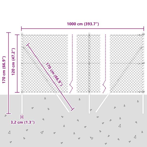 Kettengliedzaun mit 7 Pfosten 1.2x10 m Verzinkter Stahl Grau