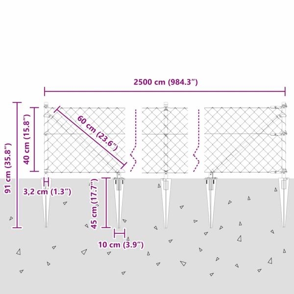 Kettengliedzaun mit 13 Spike-Posts 0.4x25 m verzinkter Stahl