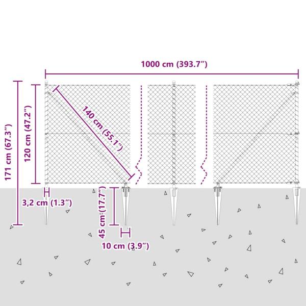 Kettenzaun mit 7 Spitzpfosten 1,2x10 m Verzinkter Stahl