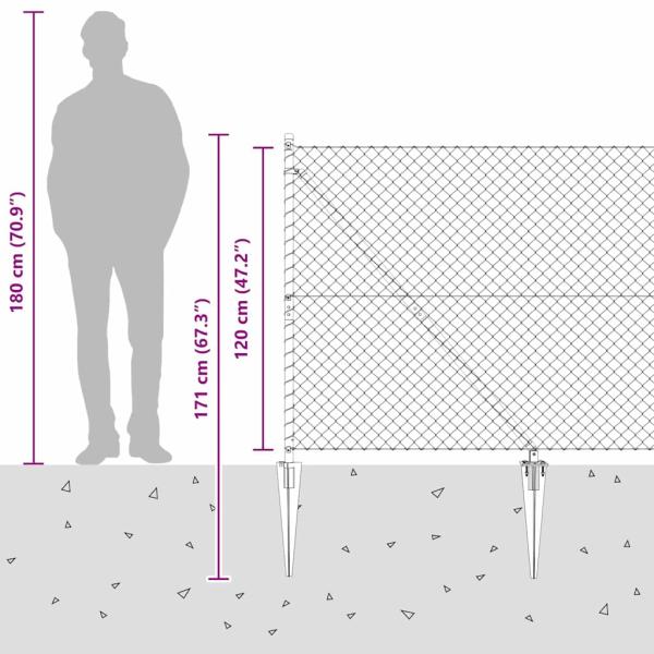 Kettenzaun mit 7 Spitzpfosten 1,2x10 m Verzinkter Stahl