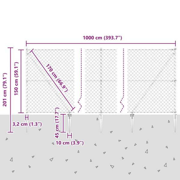 Kettengliedzaun mit 7 Stahlpfosten 1,5x10 m Verzinkter Stahl