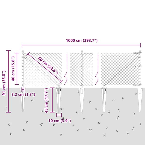 Kettenzaun mit 7 Spitzpfosten 0.4x10 m Galvanisierter Stahl