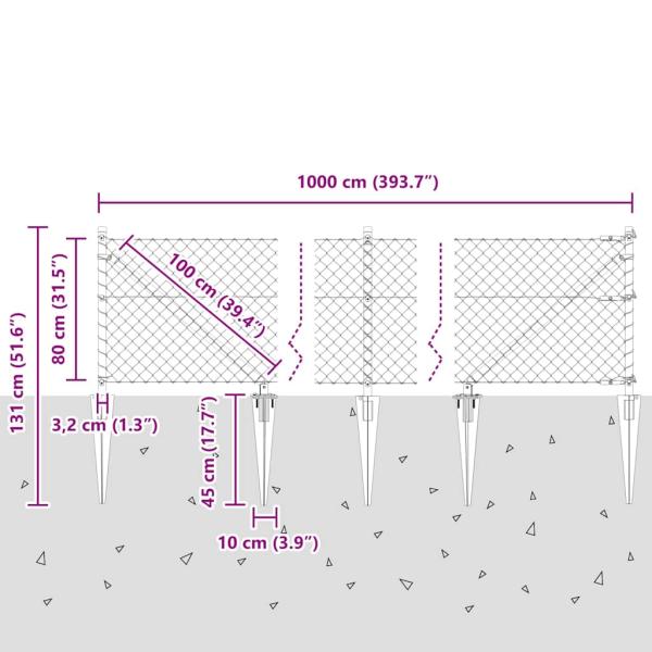 Kettenschlosszaun mit 7 Spitzenpfosten 0.8x10 m galvanisierter Stahl