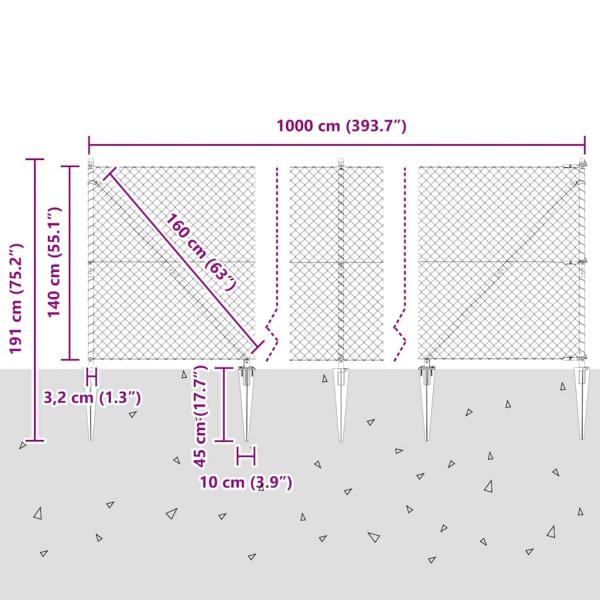 Kettengliedzaun mit 7 Spitzenpfosten 1,4x10 m verzinkter Stahl