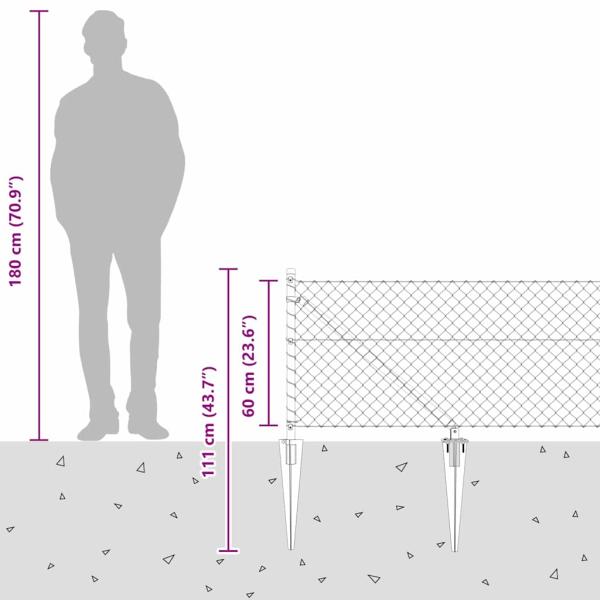 Kettengliedzaun mit 7 Spike-Pfosten 0,6 x 10 m aus verzinktem Stahl