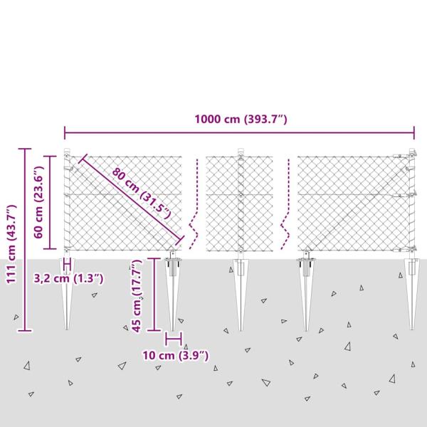 Kettengliedzaun mit 7 Spike-Pfosten 0,6 x 10 m aus verzinktem Stahl
