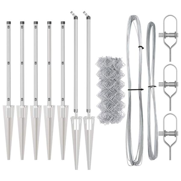 Kettengliedzaun mit 7 Spike-Pfosten 0,6 x 10 m aus verzinktem Stahl