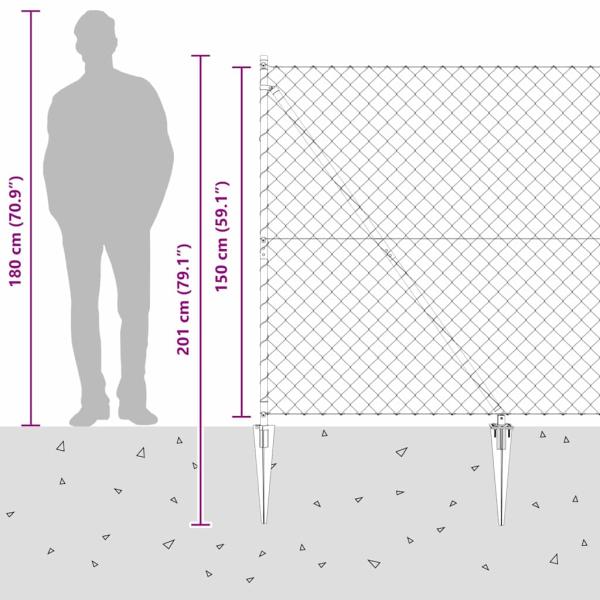 Kettengliedzaun mit 7 Spike-Posten 1.5x10 m aus verzinktem Stahl