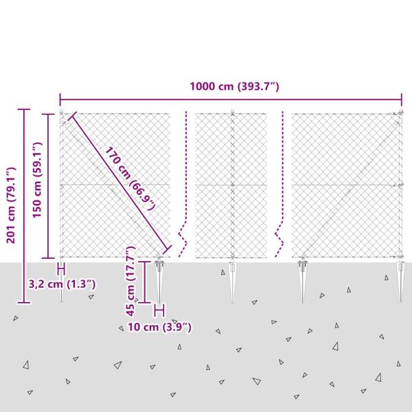 Kettengliedzaun mit 7 Spike-Posten 1.5x10 m aus verzinktem Stahl