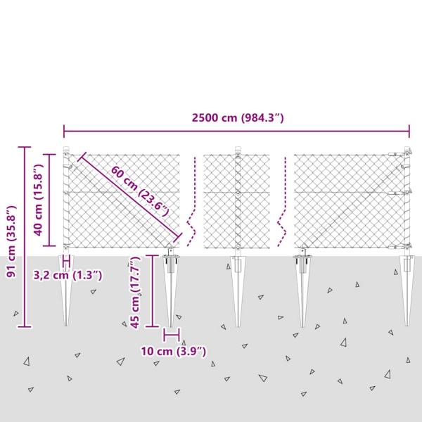 Kettenschutzzaun mit 13 Spike-Posts 0,4 x 25 m Verzinkter Stahl