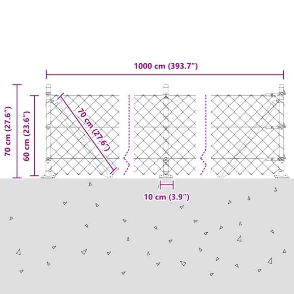 Kettengliedzaun mit 7 Flanschen 0.6x10 m feuerverzinkter Stahl