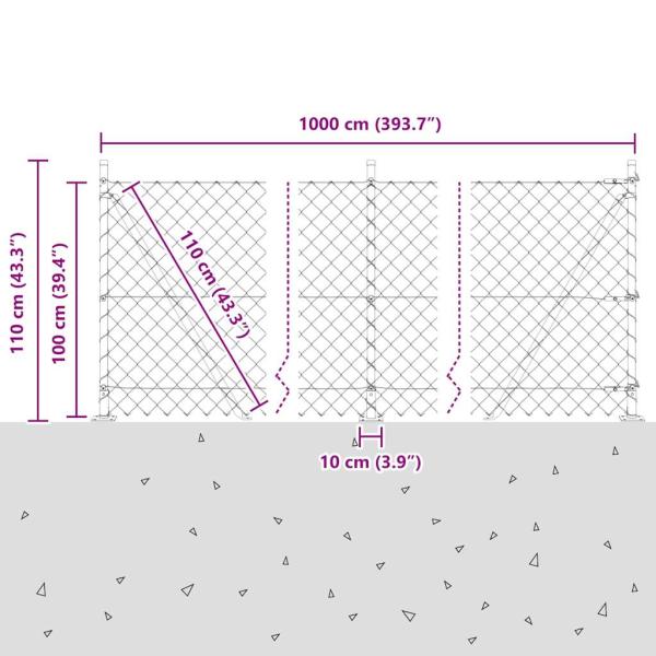 Kettengliedzaun mit 7 Flanschpfosten 1x10 m feuerverzinkter Stahl