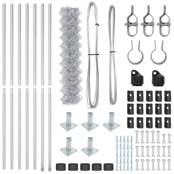 Kettengitterzaun mit 7 Flanschpfosten 1x10 m Verzinkter Stahl