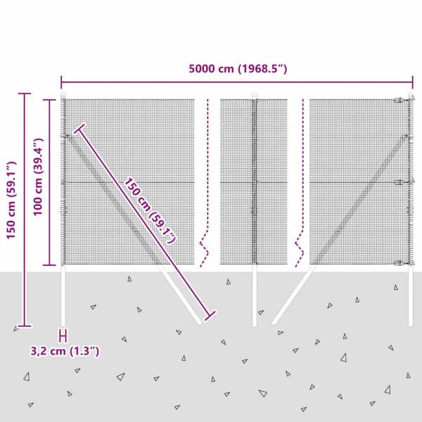 Schweißdrahtzaun mit 13 Pfosten 1x50 m Verzinkter Stahl