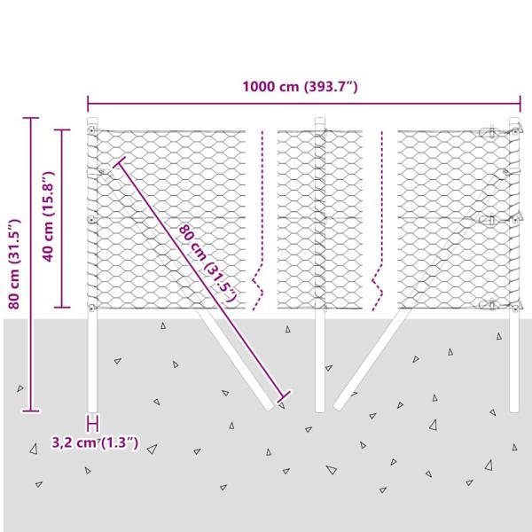 Hexagonzaun Grün 0,4x10 m Stahl, Zaunpfosten 7 Stück Grün Ø32 mm 80 cm verzinkter Stahl