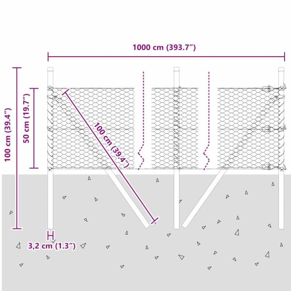 Sechseckzaun Grün 0.5x10 m Stahl, Zaunpfosten 7 Stück Grün Ø32 mm 100 cm Verzinkter Stahl