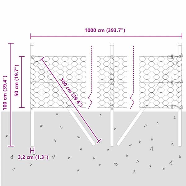 Sechseckzaun Grün 0,5x10 m Stahl, Zaunpfosten 7 Stk Grün Ø32 mm 100 cm galvanisierter Stahl