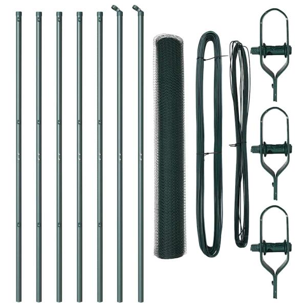 Sechseckzaun Grün 1,4x10 m Stahl, Zaunpfosten 7 Stk Grün Ø32 mm 190 cm verzinkter Stahl