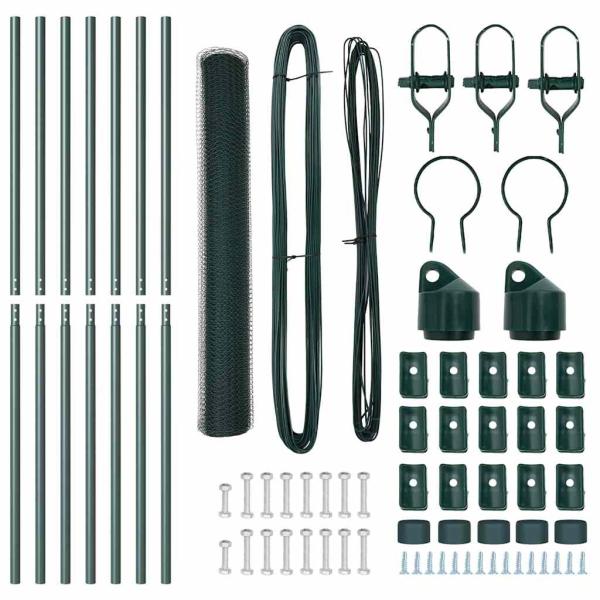 Sechseckzaun Grün 1,4x10 m Stahl, Zaunpfosten 7 Stk Grün Ø32 mm 190 cm verzinkter Stahl