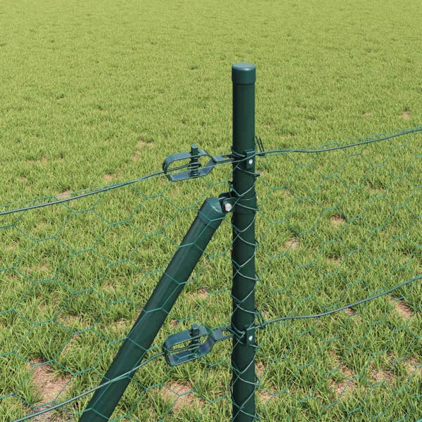 Sechseckzaun Grün 1,4x10 m Stahl, Zaunpfosten 7 Stück Grün Ø32 mm 190 cm verzinkter Stahl