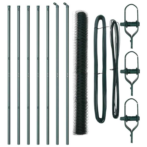 Sechseckzaun Grün 1,5x10 m Stahl, Zaunpfosten 7 Stück Grün Ø32 mm 200 cm verzinkter Stahl