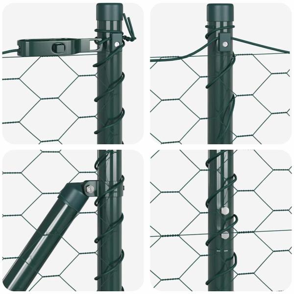 Sechseckzaun Grün 1,5x10 m Stahl, Zaunpfosten 7 Stück Grün Ø32 mm 200 cm verzinkter Stahl