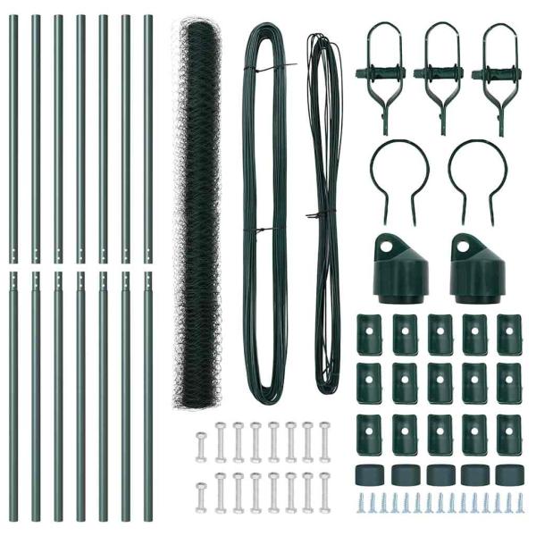 Sechseckzaun Grün 1,5x10 m Stahl, Zaunpfosten 7 Stück Grün Ø32 mm 200 cm verzinkter Stahl
