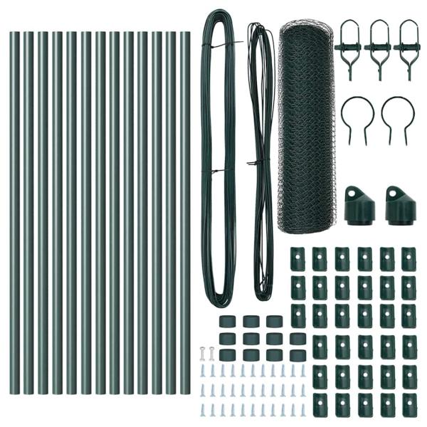 Sechseckzaun Grün 0,4x25 m Stahl, Zaunpfosten 13 Stück Grün Ø32 mm 80 cm verzinkter Stahl