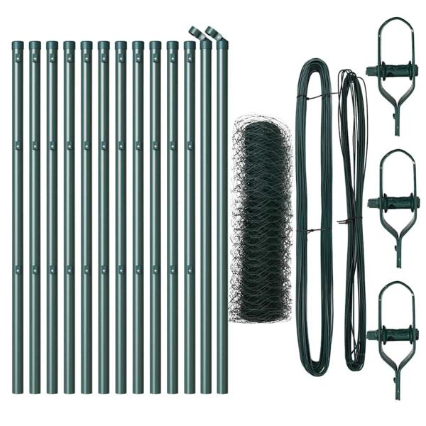 Sechseckzaun Grün 0.4x25 m Stahl, Zaunpfosten 13 Stück Grün Ø32 mm 80 cm verzinkter Stahl