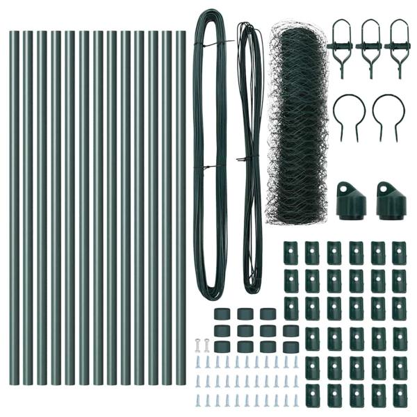 Sechseckzaun Grün 0.6x25 m Stahl, Zaunpfosten 13 Stück Grün Ø32 mm 100 cm verzinkter Stahl