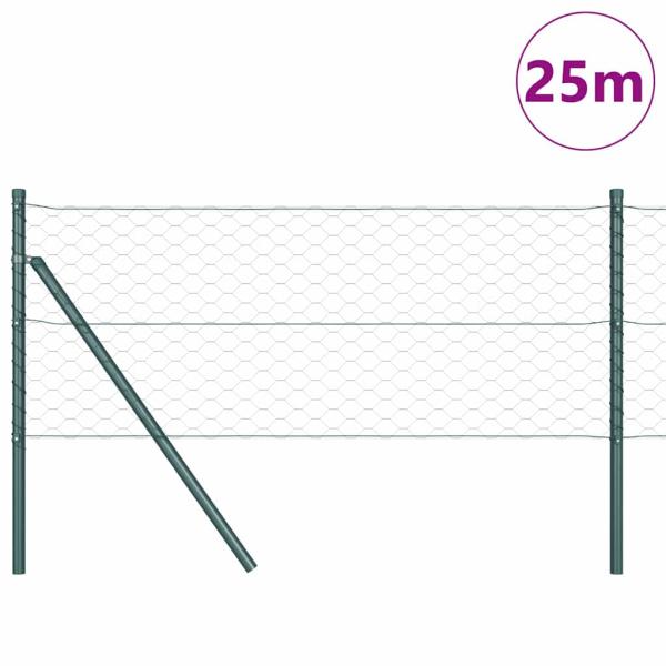 Hexagonzaun Grün 0.6x25 m Stahl, Zaunpfosten 13 Stück Grün Ø32 mm 100 cm Verzinkter Stahl