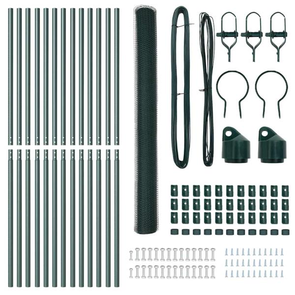 Sechseckzaun Grün 1,6x25 m Stahl, Zaunpfosten 13 Stück Grün Ø32 mm 210 cm verzinkter Stahl