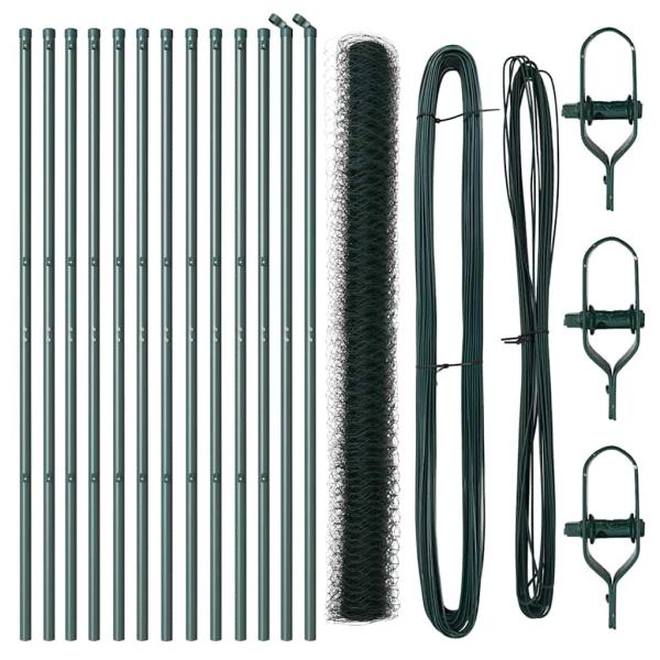 Sechseckzaun Grün 1,6x25 m Stahl, Zaunpfosten 13 Stk. Grün Ø32 mm 210 cm verzinkter Stahl
