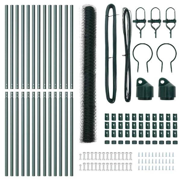 Sechseckzaun Grün 1,6x25 m Stahl, Zaunpfosten 13 Stk. Grün Ø32 mm 210 cm verzinkter Stahl