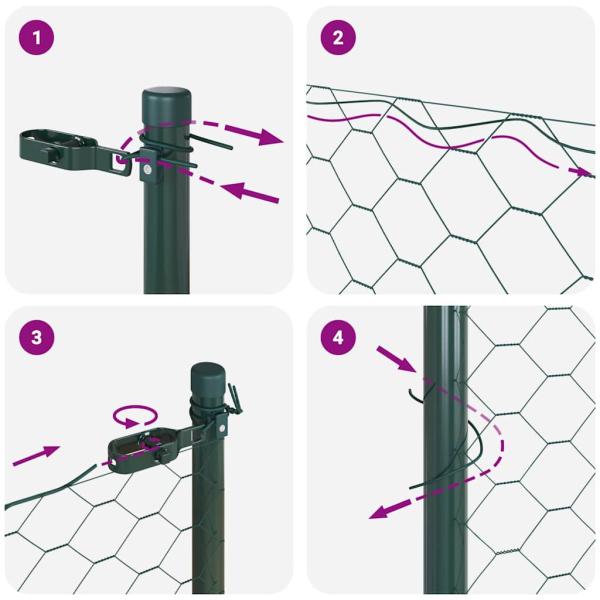Sechseckzaun Grün 0.6x50 m Stahl, Zaunpfosten 13 Stück Grün Ø32 mm 100 cm verzinkter Stahl