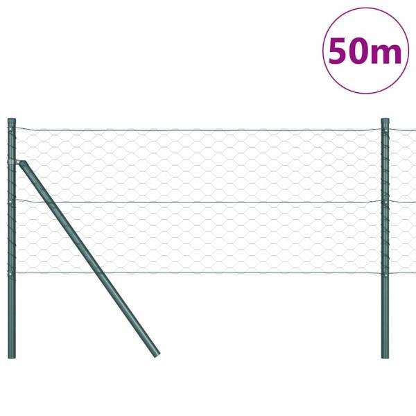 Sechseckzaun Grün 0.6x50 m Stahl, Zaunpfosten 13 Stück Grün Ø32 mm 100 cm verzinkter Stahl