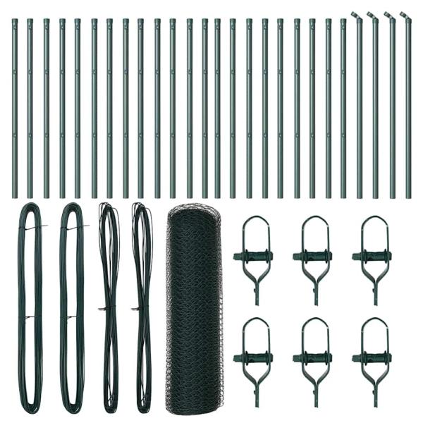 Sechseckzaun Grün 0.8x50 m Stahl, Zaunpfosten 13 Stk. Grün Ø32 mm 120 cm Verzinkter Stahl