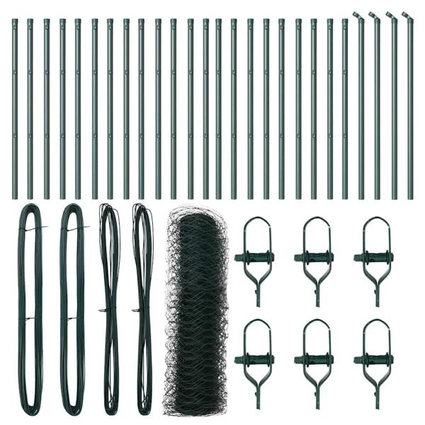 Sechseckzaun Grün 0,8x50 m Stahl, Zaunpfosten 13 Stück Grün Ø32 mm 120 cm verzinkter Stahl