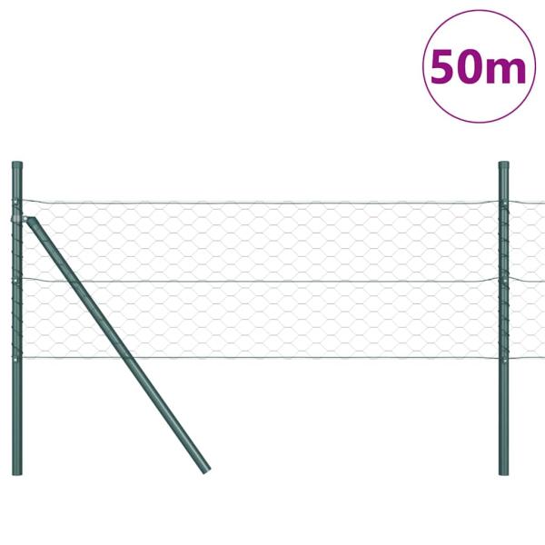 Sechseckzaun Grün 0,8x50 m Stahl, Zaunpfosten 13 Stück Grün Ø32 mm 120 cm verzinkter Stahl
