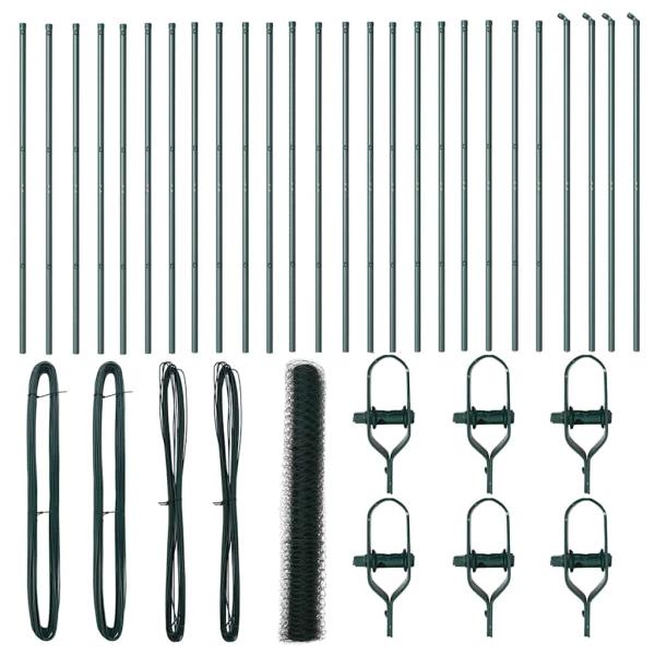 Sechseckzaun Grün 1x50 m Stahl, Zaunpfosten 13 Stk Grün Ø32 mm 150 cm Verzinkter Stahl