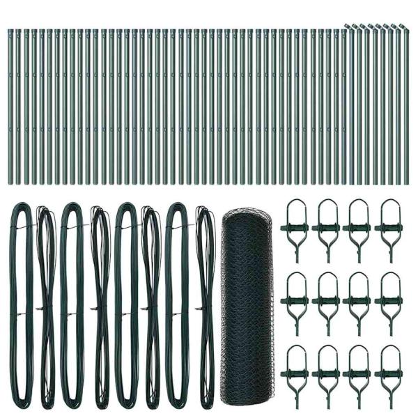 Sechseckzaun Grün 0.4x100 m Stahl, Zaunpfosten 13 Stück Grün Ø32 mm 80 cm verzinkter Stahl