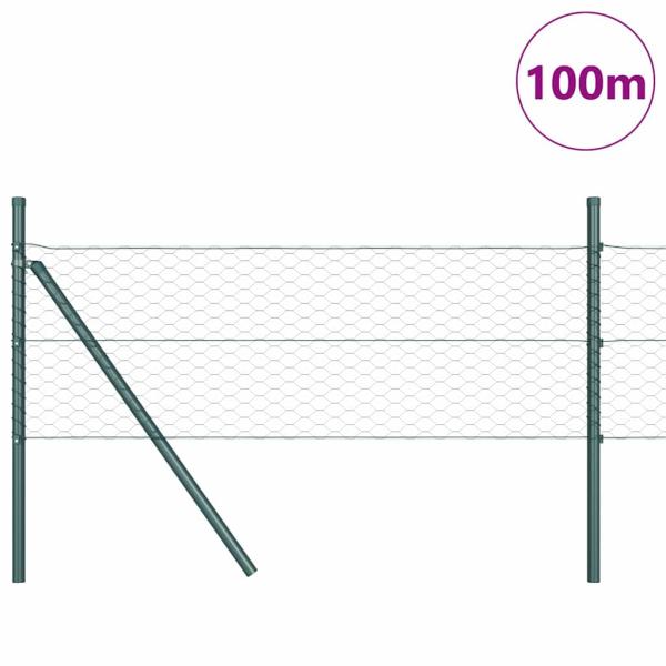 Sechseckzaun Grün 0.4x100 m Stahl, Zaunpfosten 13 Stück Grün Ø32 mm 80 cm verzinkter Stahl