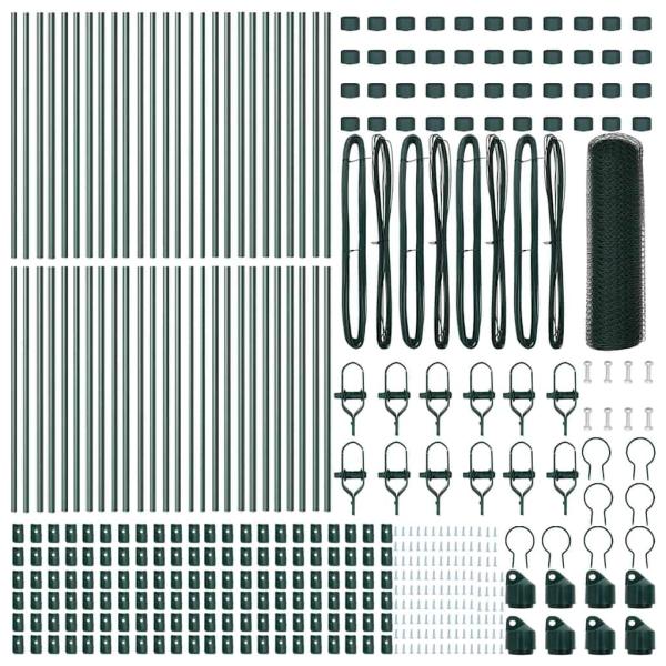 Hexagonzaun Grün 0,5x100 m Stahl, Zaunpfosten 13 Stk Grün Ø32 mm 100 cm Verzinkter Stahl