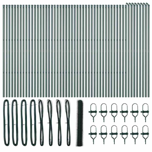 Hexagonzaun Grün 1,4x100 m Stahl, Zaunpfosten 13 Stück Grün Ø32 mm 190 cm Verzinkter Stahl